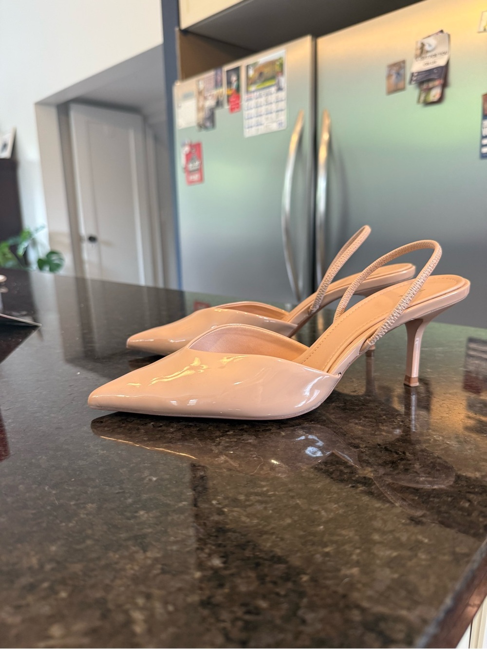 Zara Blush Patent Pointed-Toe Slingback Heels